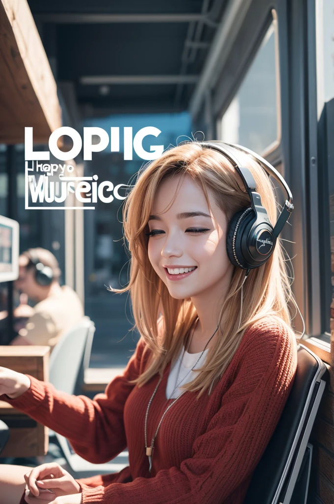 Album cover, listening to music and happy