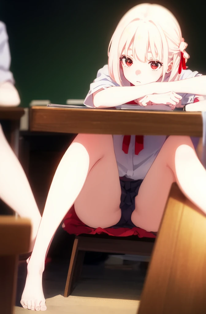 
ニヤリとしている、spread your legs、pale chestnut hair、short hair、Red eyes、Red ribbon、Blushing、I can see her pantie-shaped legs、School classroom.
Random pose