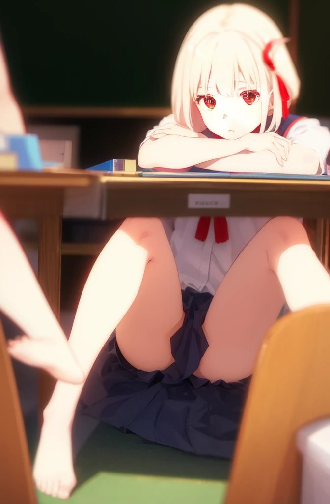 
ニヤリとしている、spread your legs、pale chestnut hair、short hair、Red eyes、Red ribbon、Blushing、I can see her pantie-shaped legs、School classroom.
Random pose