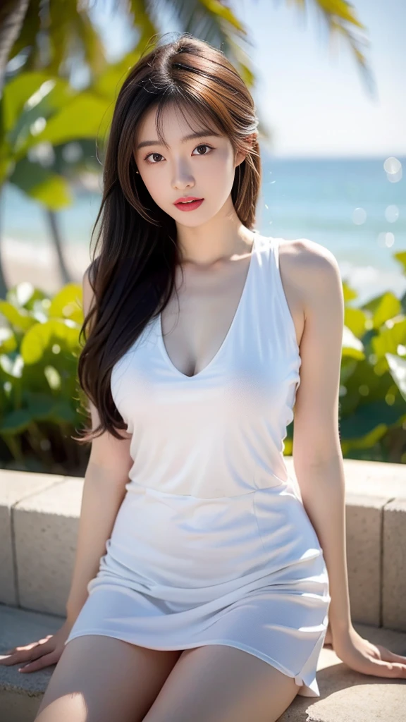 Ultra-detailed 8K photos of Japanese gravure models，Shoulder-length wavy hair and striking hazel eyes. She strikes a seductive pose on a tropical beach, dress chicly black and white, Vest,  mini skirt, when she naughtily, Looking at the camera, Surrounded by peaceful and beautiful ocean and palm trees