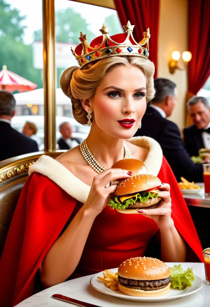 a picture of a royal queen eating a juicy hamburger, royal queen, blond hair, in a bun, dynamic eye color, wearing a royal (crown:1.2). elegant crown, glamour crown, wearing elegant dress, royal dress, royal cloak, high fashion, wearing high heels, sitting in diner, eating a juicy hamburger, delicious hamburger, her (scepter: 1.1) is on the table American diner background, she enjoys the hamburger, Cinematic Hollywood Film