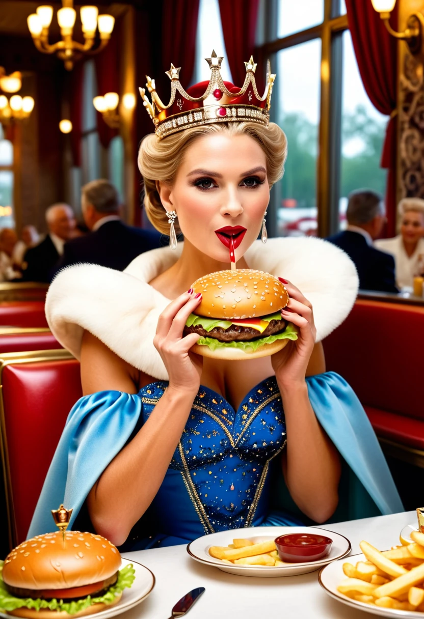 a picture of a royal queen eating  a juicy hamburger, royal queen, blond hair, in a bun, dynamic eye color, wearing a royal (crown:1.2). elegant crown, glamour crown, wearing elegant dress, royal dress, royal cloak, high fashion, wearing high heels, sitting in diner, eating a juicy hamburger, delicious hamburger, her (scepter: 1.1) is on the table  American diner background, she enjoys the hamburger, Cinematic Hollywood Film