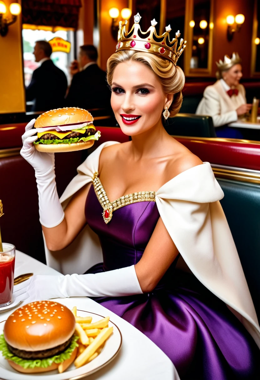 a picture of a royal queen eating a juicy hamburger, royal queen, blond hair, in a bun, dynamic eye color, wearing a royal (crown:1.2). elegant crown, glamour crown, wearing elegant dress, royal dress, royal cloak, high fashion, wearing high heels, sitting in diner, eating a juicy hamburger, delicious hamburger, her (scepter: 1.1) is on the table American diner background, she enjoys the hamburger, Cinematic Hollywood Film