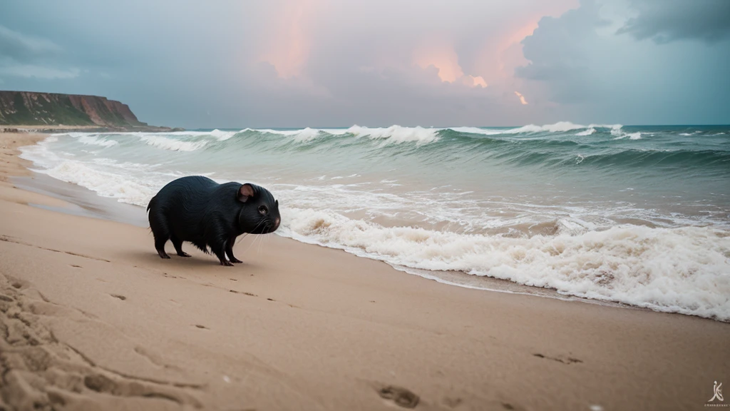 black guinea pig on the vast white sand dunes in by the sea, long beach, pinkish Algae, summer storm weather, there's a big wave and wind in the back, ultra detail, perfect details,