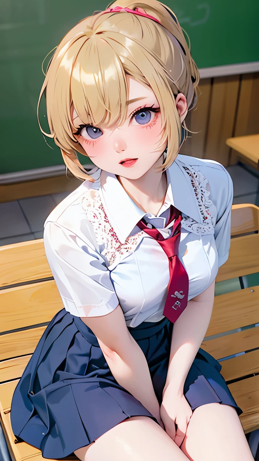 (Tabletop, Highest quality:1.2), 8K, 18-year-old, 85mm, Official Art, RAW Photos, Absurd, White dress shirt, Cute face, close, Upper Body, Viola Lace, Gardenia, beautiful girl, , (Navy Pleated Skirt:1.1), Squeeze the waist, Thighs, Short sleeve, classroom, ponytail、short hair、short hair、sit on bench seat, Looking at the audience, No makeup, (smile:0.4), Film Grain, chromatic aberration, Sharp focus, Face Light, Bright lighting, Teen, Detailed face, Background Blur, (Dark red tie:1.1)、日本の学校のclassroom、classroom
