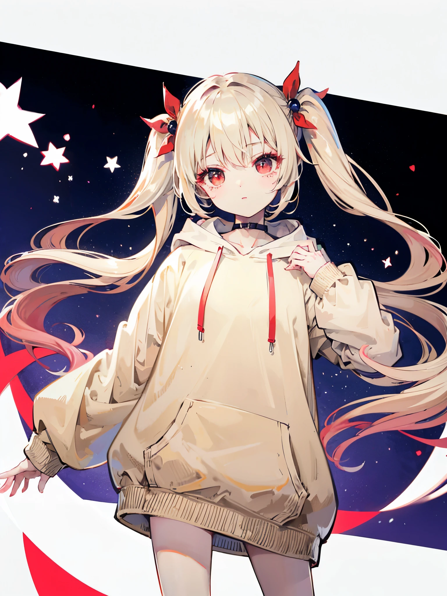 Beige hair and red eyes、Twin tails、Very long hair、Shiny Hair、high quality、Simple Background、White Background、star、Big hoodie
