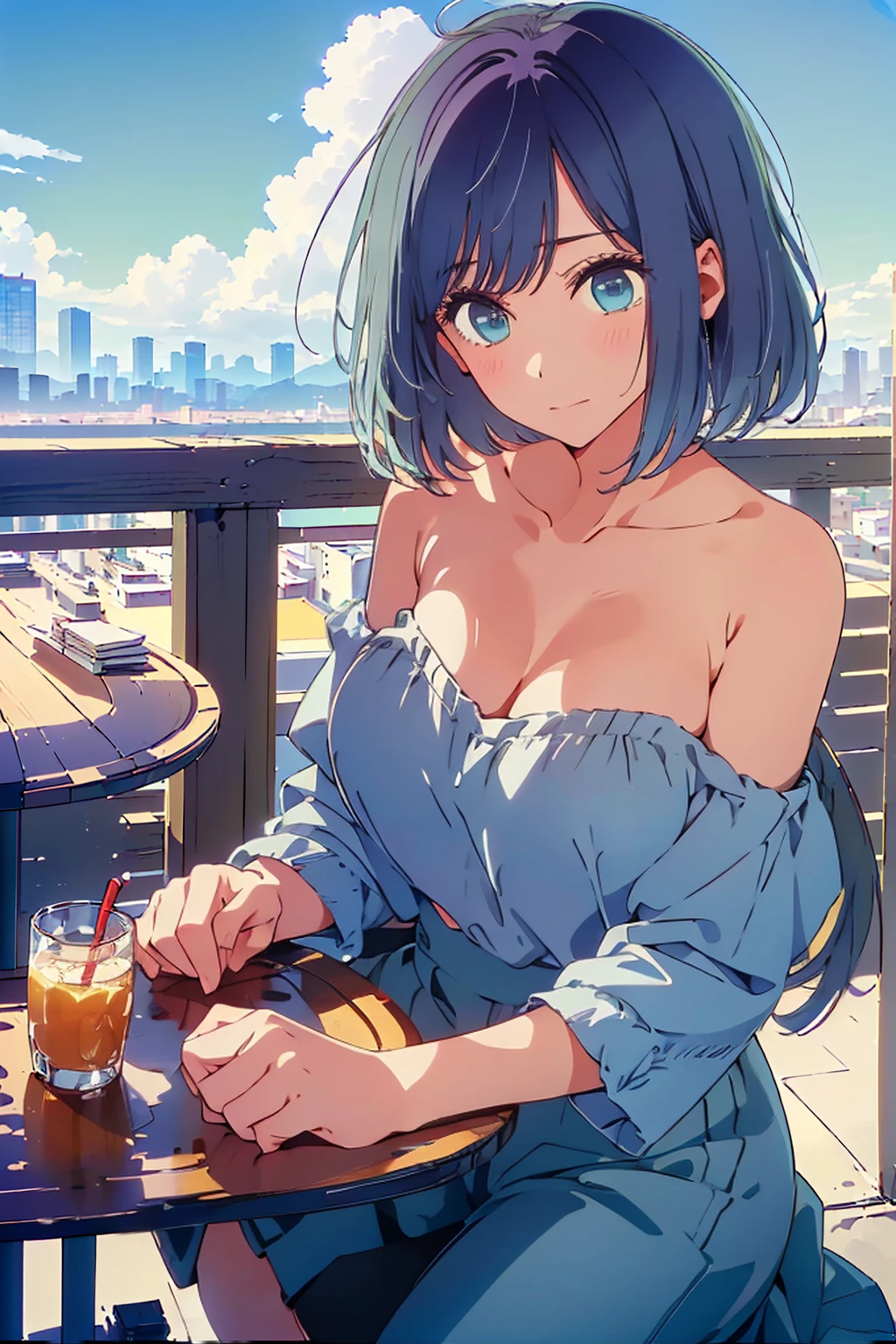 (Highest quality:1.4、masterpiece:1.4、Super detailed:1.4、Ultra-high resolution:1.4、8K:1.4)、Slim body、Big Breasts、((((1 person、Surprised expression、sit、Chair、In the background are the urban buildings of Tokyo、looking at the camera、Outdoor café terrace、juice、Get up close and take a photo、Shooting from an angle、table、Very cute face))))、((((nude、very beautiful areola))))、(Pose with hands tucked behind ears:1.4、Cheek resting on hand:1.4)、(((Take off your off-the-shoulder camisole)))、Very blue sky、A completely cloudless sky