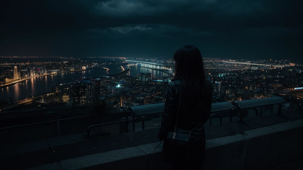 Back view of an adult woman,night,raindrop,City night scene,Neon,Dark Style