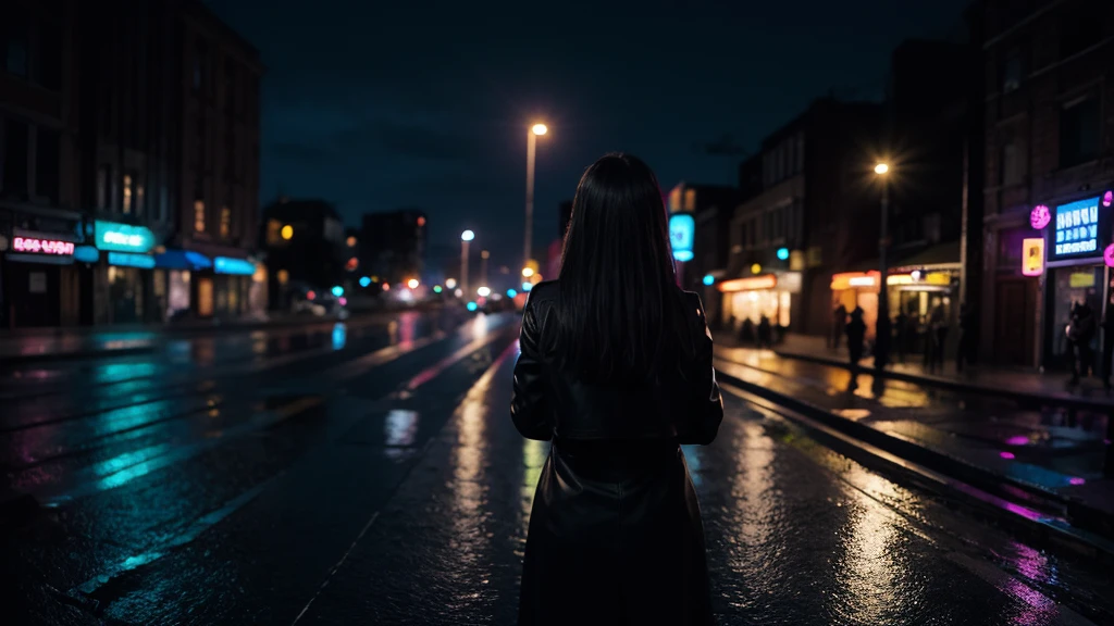 Back view of an adult woman,night,raindrop,City night scene,Neon,Dark Style