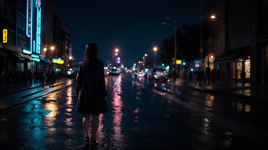 Back view of an adult woman,night,raindrop,City night scene,Neon,Dark Style
