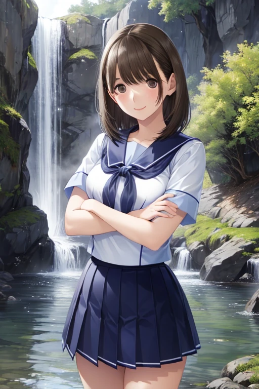 
anegasaki nene、Shiny brown hair, short hair, Beautiful brown eyes、smile、Sparkling eyes, (Fine grain)、Ultra-detailed eyes、Highly detailed face, Highly detailed eyes,

masterpiece, The best quality at its best, 

Short-sleeved white sailor suit、Navy blue mini pleated skirt、Very short mini skirt、Bare thighs、

軽いsmile, ((()))(((Cross your arms)))、Cowboys field goal、Waterfall Background