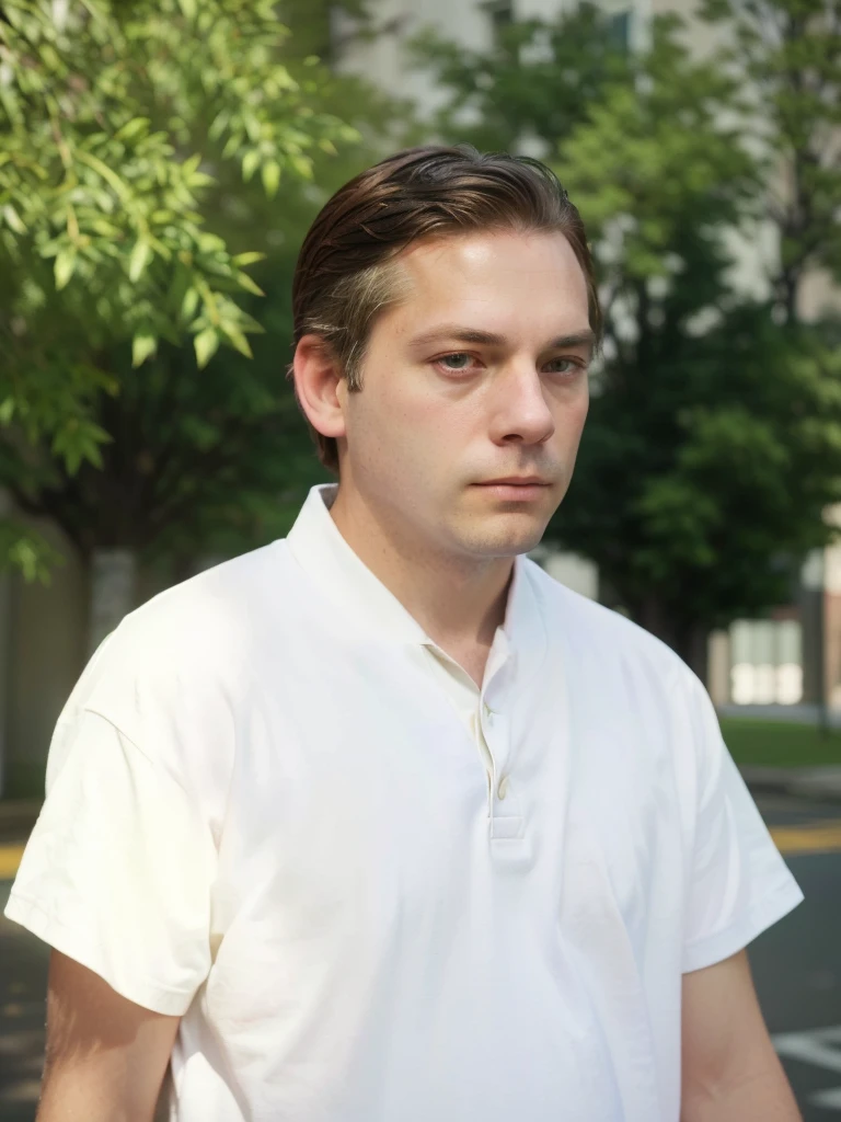 There is a man standing on the street with a frisbee., Todd Solondz Clear Sharp Face, colored photograph, colored, very detailed vfx portrait, colored photo, a colored photo, very detailed vfx portrait of, medium shot portrait, color portrait, man turning into pony, looking left, wearing a light shirt, inspired by Edward Corbett, looking away from the viewer