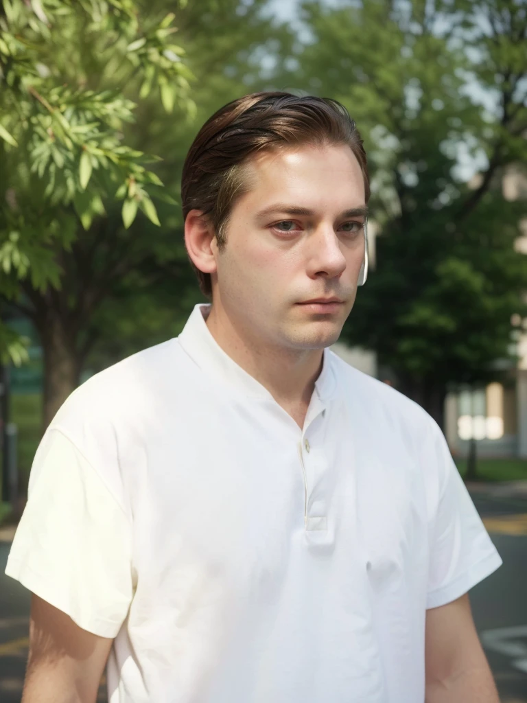 There is a man standing on the street with a frisbee., Todd Solondz Clear Sharp Face, colored photograph, colored, very detailed vfx portrait, colored photo, a colored photo, very detailed vfx portrait of, medium shot portrait, color portrait, man turning into pony, looking left, wearing a light shirt, inspired by Edward Corbett, looking away from the viewer