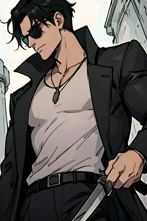 A tall muscular black haired man with sunglasses and a long leather coat and a cool shirt is spinning his blade in a creepy castle