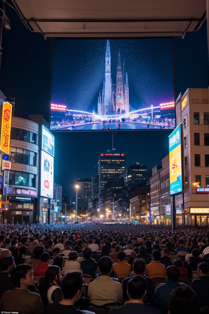 Create a scene with a big screen in the city center with a crowd watching a show at night in the well-lit city