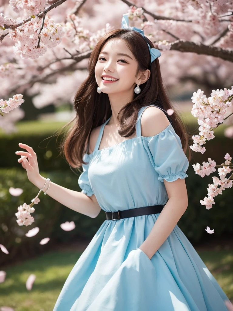 Gorgeous anime-style illustrations、Depicts a vivacious young woman with long blond hair and bright blue eyes。She reminds me of a classic fairy tale character.、She is wearing a light blue dress with puff sleeves and a white apron.。Her face was full of joy,、She has a wide smile that reaches all the way to her eyes.。She is wearing pearl earrings and a black ribbon headband.。In the background、Cherry blossom petals fly up into the air, scattered all over、It creates a vivid and fantastical atmosphere.。The light source is soft and diffuse.、A gentle shadow cast on her flowing hair and dress、It gives depth。The scene is seen from a slightly lower angle.、Emphasizing her dynamic pose and the movement of her hair and dress、It's like a gentle breeze。