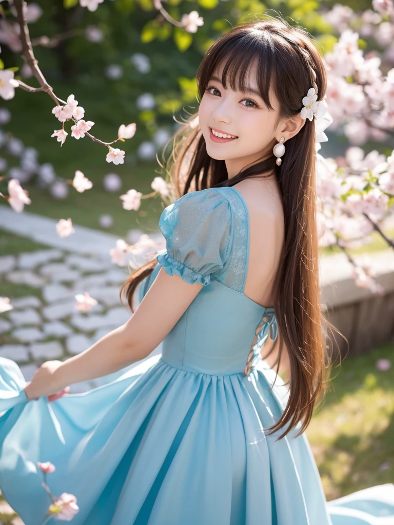 Gorgeous anime-style illustrations、Depicts a vivacious young woman with long blond hair and bright blue eyes。She reminds me of a classic fairy tale character.、She is wearing a light blue dress with puff sleeves and a white apron.。Her face was full of joy,、She has a wide smile that reaches all the way to her eyes.。She is wearing pearl earrings and a black ribbon headband.。In the background、Cherry blossom petals fly up into the air, scattered all over、It creates a vivid and fantastical atmosphere.。The light source is soft and diffuse.、A gentle shadow cast on her flowing hair and dress、It gives depth。The scene is seen from a slightly lower angle.、Emphasizing her dynamic pose and the movement of her hair and dress、It's like a gentle breeze。