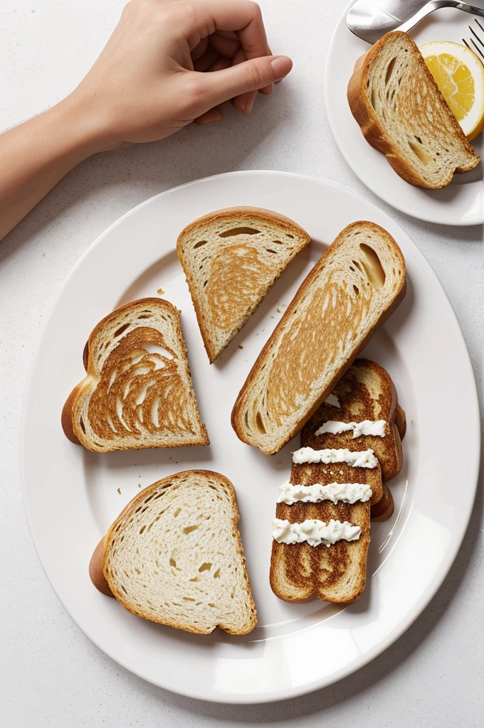A white plate with two slices of toast, a hand grabbing one of the toasts, White background, Hyperrealistic style, 27x17 format