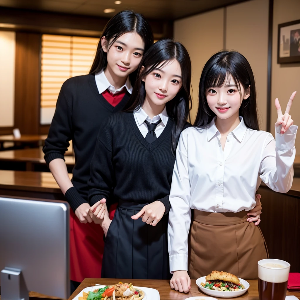 Japanese,A confident smile, Taking a photo at a family restaurant,They seem to enjoy themselves,短いBlack Hair, Brown eyes,Brown Skin,2 students、Use a gesture commonly associated with the peace sign while speaking (Tele from the restaurant), skirt, Black Hair, indoor, meal, shirt, ((((Complete faithful finger))))