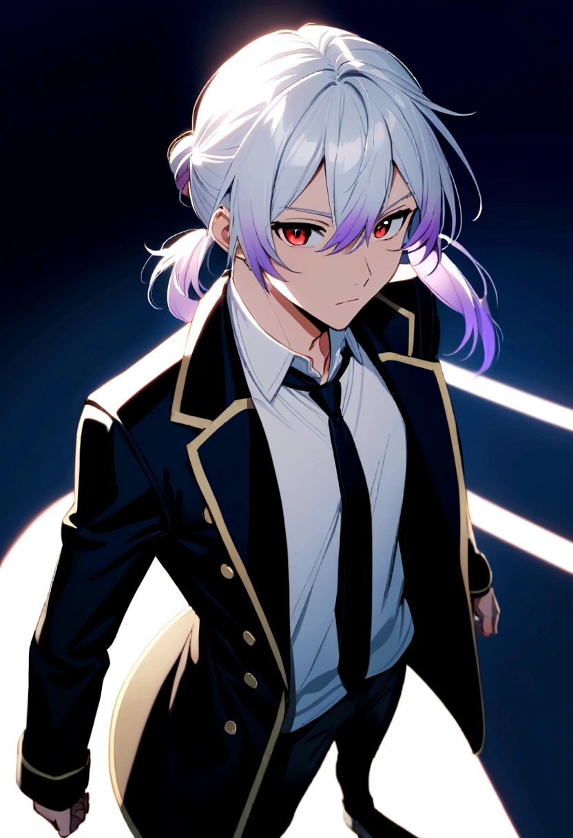 An anime boy with girly hair and girly looks with white hair and purple tips and red eyes , short ,in a black coat ,pants,tie with a white shirt ,