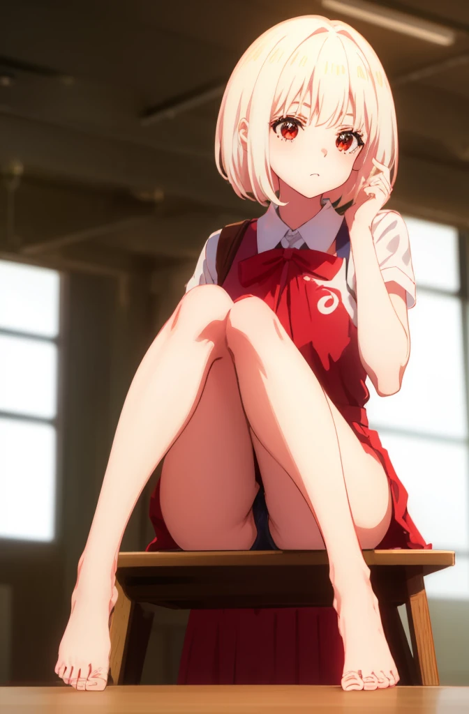 
顔を赤らめる、Random pose、spread your legs、pale chestnut hair、short hair、Red eyes、Red ribbon、Blushing、I can see her pantie-shaped legs、School classroom.
Random pose