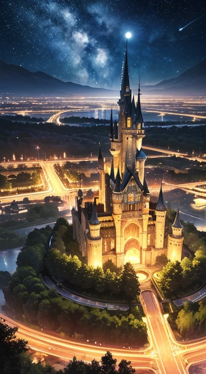 (an artist's design of a floating Castle on the floating the land and Forest and Fountain in the air)1.4, bird's-eye view, scenery, azure moon, night view, Starry night, no humans, a fantastic magical world, (Best quality), (masterpiece:1.3), (photorealistic:1.36), (realistic), ultra-detailed,, detail background,