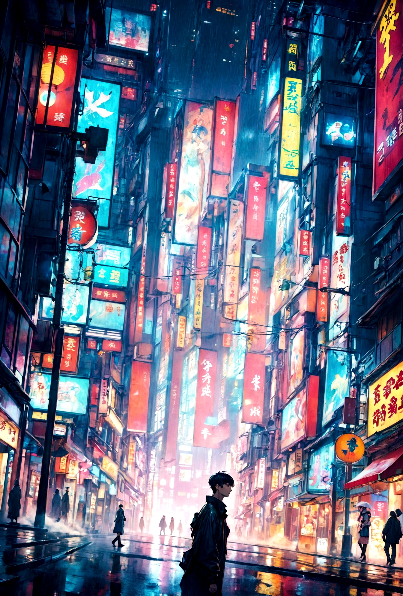 there is a man walking down a city street in the rain, neo tokyo background, neo tokyo, tokyo anime scene, in neo tokyo, neo-tokyo, neo - tokyo, tokyo futuristic and clean, in cyberpunk city, cyberpunk streets in japan, futuristic street, tokyo futuristic in background, futuristic cyberpunk tokyo night, china town blade runner, in a futuristic cyberpunk city