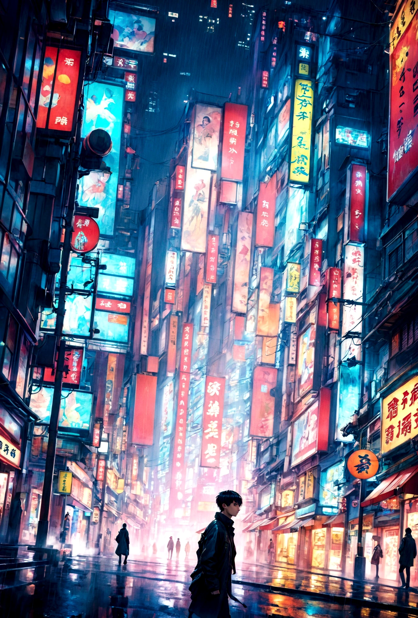 there is a man walking down a city street in the rain, neo tokyo background, neo tokyo, tokyo anime scene, in neo tokyo, neo-tokyo, neo - tokyo, tokyo futuristic and clean, in cyberpunk city, cyberpunk streets in japan, futuristic street, tokyo futuristic in background, futuristic cyberpunk tokyo night, china town blade runner, in a futuristic cyberpunk city