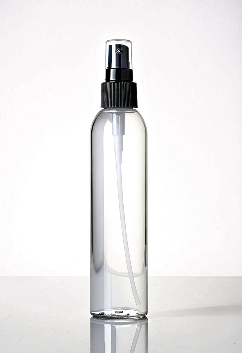 Mist spray bottle, black cap, opaque container, magazine, cosmetic, studio photo, real, white background