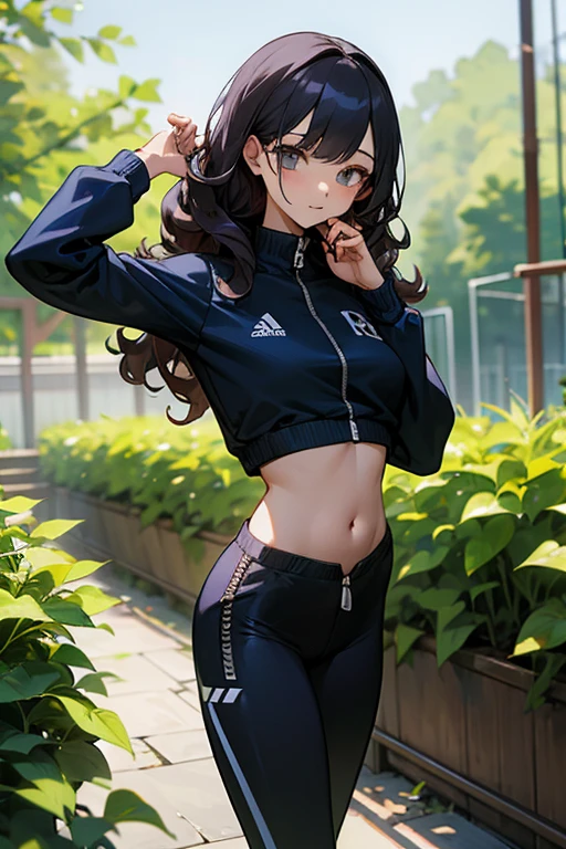 Slender beautiful girl、 Generation、athlete、tights、Belly button、Tight zip-up tracksuit、Curly Hair、garden、