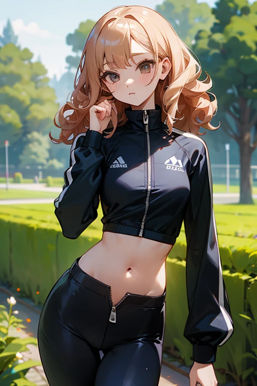Slender beautiful girl、10th Generation、athlete、tights、Belly button、Tight zip-up tracksuit、Curly Hair、garden、