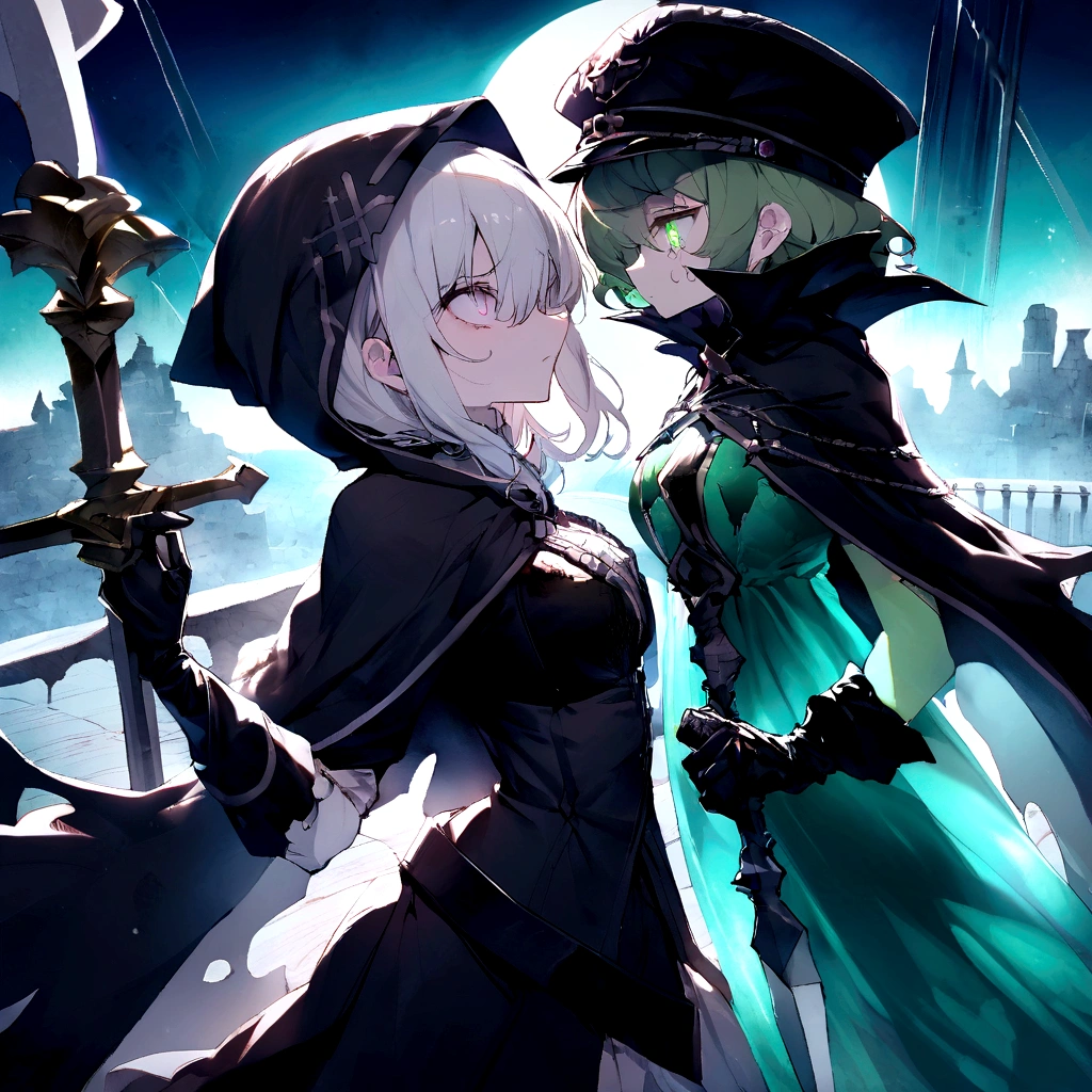 High quality large images,Second dimension,In the dark bay,A girl in a black cloak is standing face to face with a tall green translucent ghost captain on the deck..,Our perspective is third person..,You can clearly see two people facing each other.。The dead girl's hair is white,Eyes are purple,With an angry expression on his face, He looked at the captain,Girl wearing ragged black hooded cape,Wearing leather gloves,The girl holds a cross-shaped sword inlaid with purple gems,The tip of the sword is pointed at the translucent green ghost captain in front of him.,Ghost Captain holding a sword,Dressed as captain'Captain and hat,Staring at the girl in front of me,The two have the same proportion