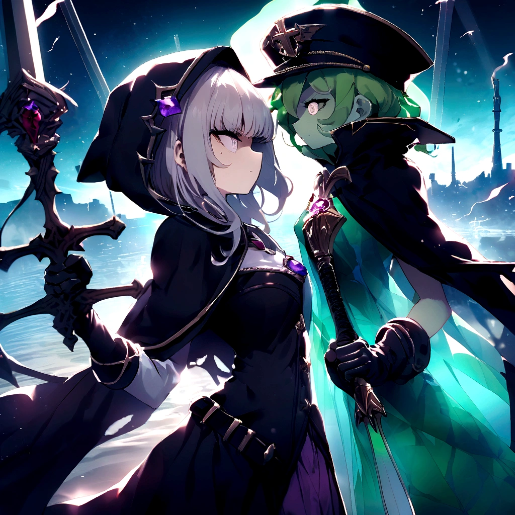 High quality large images,Second dimension,In the dark bay,A girl in a black cloak is standing face to face with a tall green translucent ghost captain on the deck..,Our perspective is third person..,You can clearly see two people facing each other.。The dead girl's hair is white,Eyes are purple,With an angry expression on his face, He looked at the captain,Girl wearing ragged black hooded cape,Wearing leather gloves,The girl holds a cross-shaped sword inlaid with purple gems,The tip of the sword is pointed at the translucent green ghost captain in front of him.,Ghost Captain holding a sword,Dressed as captain'Captain and hat,Staring at the girl in front of me,The two have the same proportion