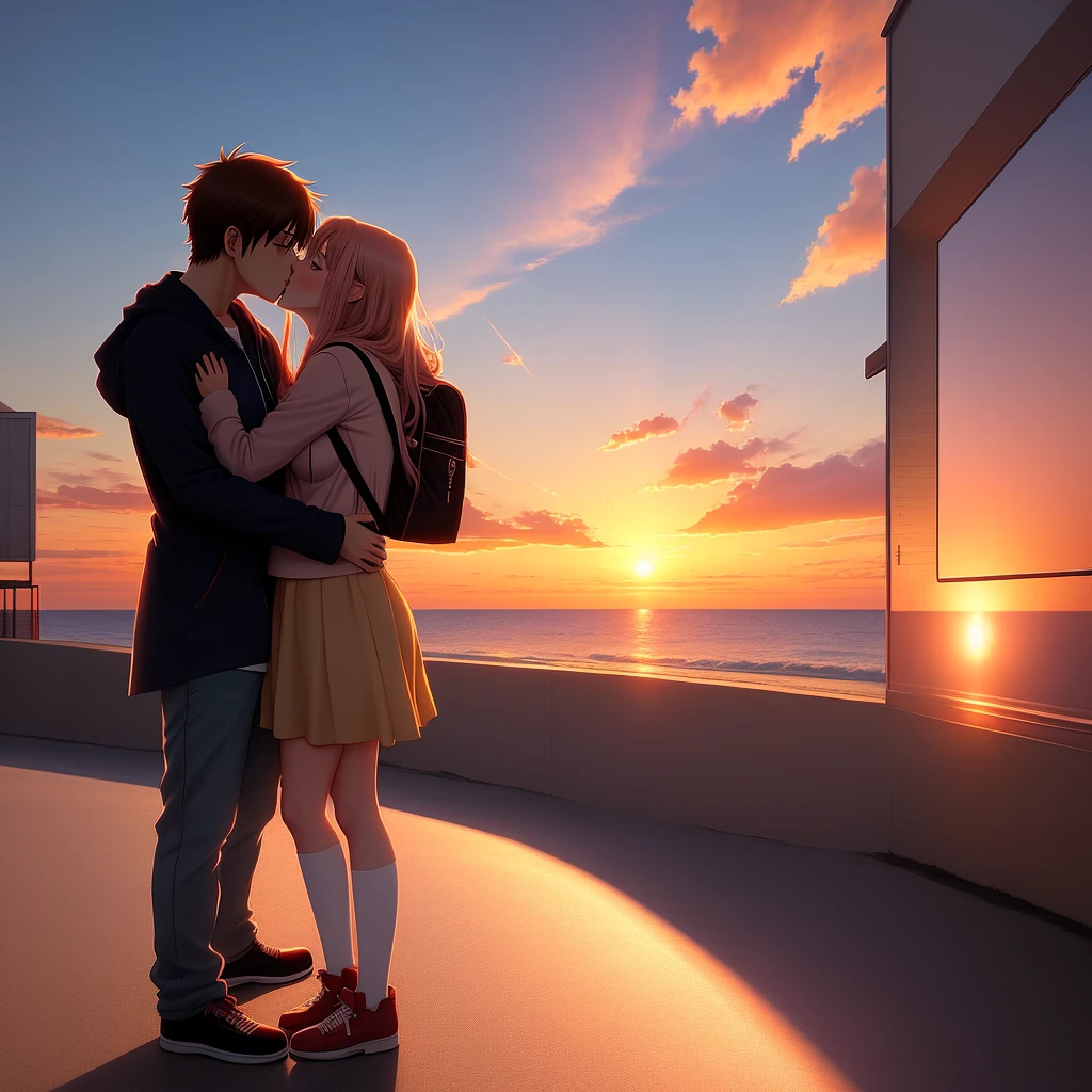 An anime guy kissing an anime girl with sunset background