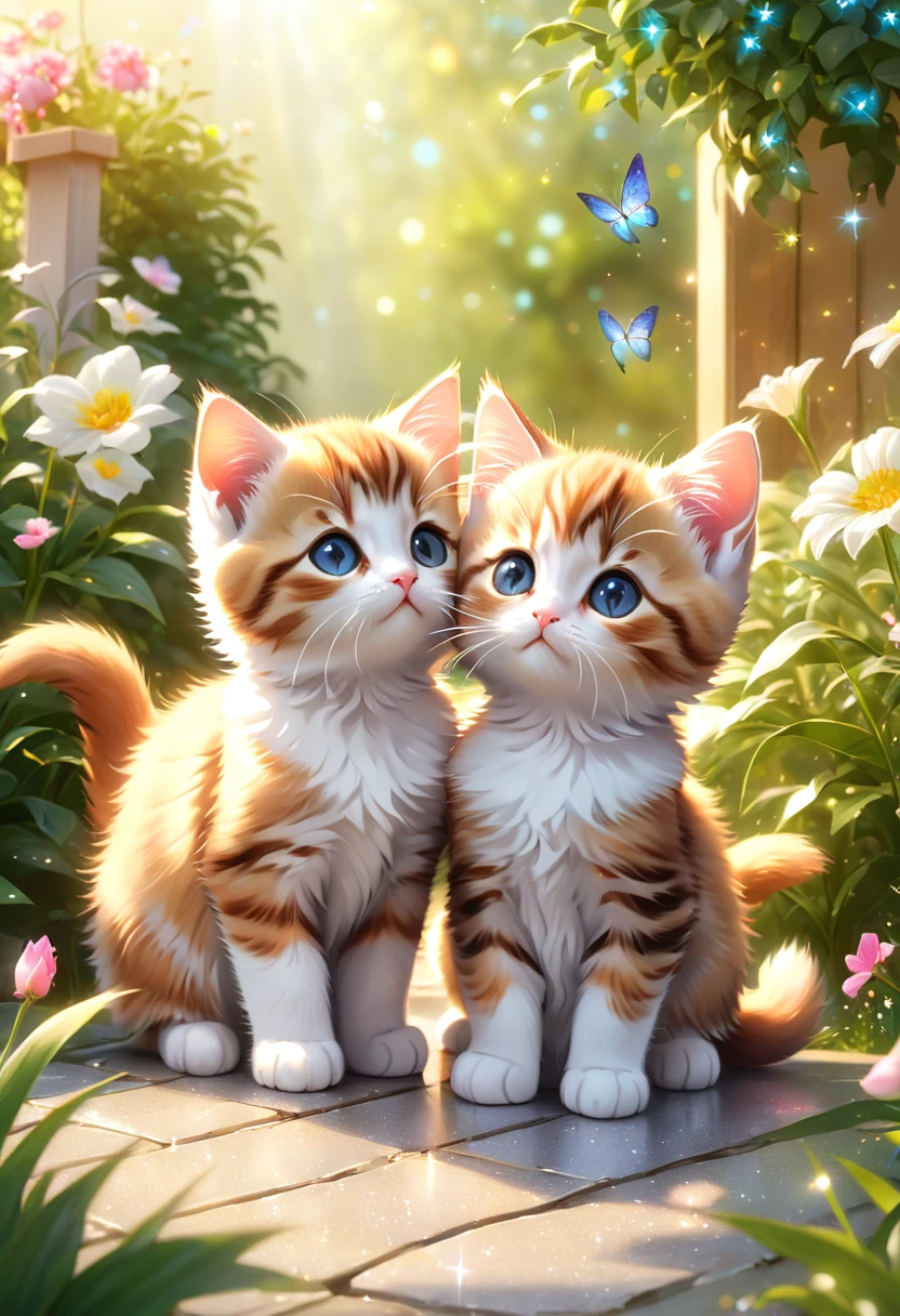 garden, Lots of cute kittens,Blur the background,Glitter effect,Highest quality, 8K, High resolution, masterpiece:1.2, Very detailed, Realistic:1.37, High resolution, 超High resolution, Ultra-fine painting, Very detailed, Professional, Vibrant colors