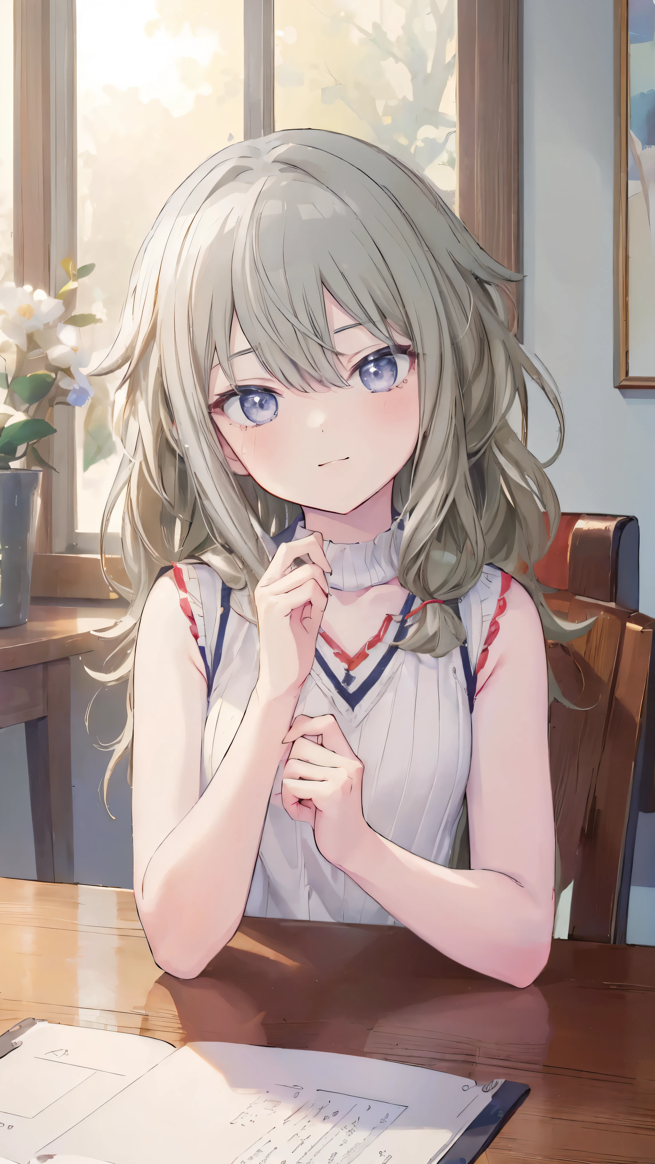 (masterpiece, Highest quality:1.6),Best image quality、Highest quality、Perfect lighting,masterpiece、Best image quality、Highest quality、smile、Show your hand, Put your elbows on the table, Slap in the face、Chest close-up, Sleeveless, Knitted sweater