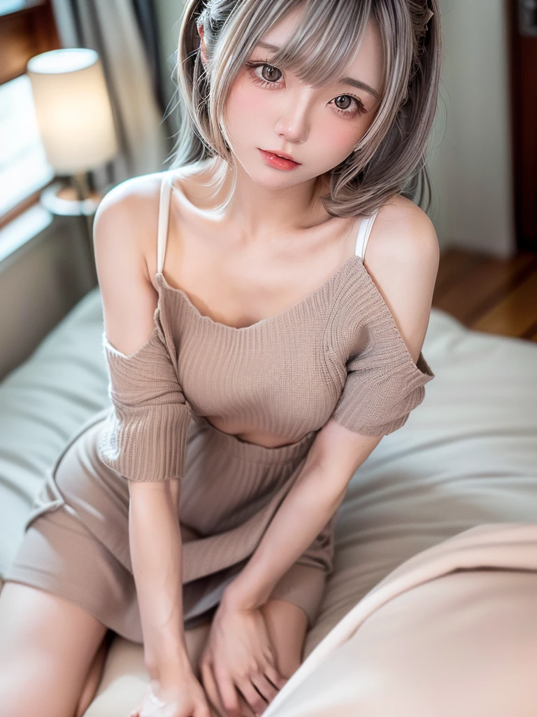 8K, RAW Photos, Fujifilm, Beautiful 20 year old woman style photo, (((Gray Hair:1.3,美しいGray Hairのストレートヘアー、シルキーなGray Hair)))、((( Wearing a white off-the-shoulder dress:1.5,))) Gold earrings, (Highly detailed skin: 1.2), Light medium brown hair, Film Grain, 35mm, Cute Style、On the bed、(((全Nude 1.5)))(((Nude 1.5)))Full nudity、、Open your mouth、Love Hotel、Scattered clothes、(White underwear)、(((1 on all fours.5)))、Selfie with smartphone、skirt、