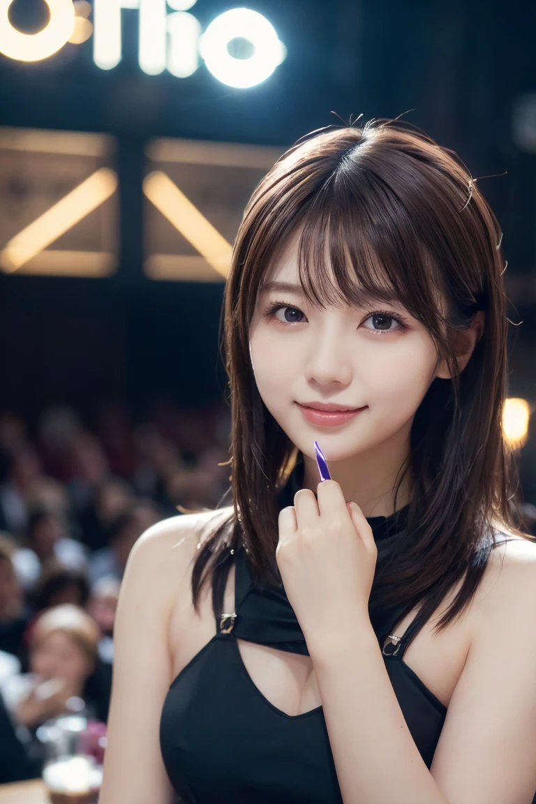 (Highest quality, DSLR camera, 8k, Highest quality, High resolution, Highest quality, Highest resolution, Very beautiful woman, Perfect anatomy), Bright brown eyes, Very bright brown eyes, Small diamond-shaped earrings, Looking directly at the camera, Beautiful brown hair, ((Baby face, Loose and cute medium ponytail)), Very short and beautiful bangs with brown hair, E-cup bust, Showing beautiful décolletage, Very beautiful 20-year-old, Lip gloss, Smiling very happily, Very cute smile, Upper teeth, Beautiful teeth, (Chic and stylish music stage as the background only), Slightly larger eyes, Small face, Tall supermodel, Beautifully shaped model, (Holding a microphone and dancing and singing in random cool poses), Dynamic angle, Eye focus, Head tilt, Very detailed and realistic, Very beautiful 20-year-old, ((Medium shot)), Sharp jawline, ((Sophisticated K-POP idol outfit)), Deep waistline, Sexy legs, Side view, Smiling very joyfully, Laughing, Summer daytime
