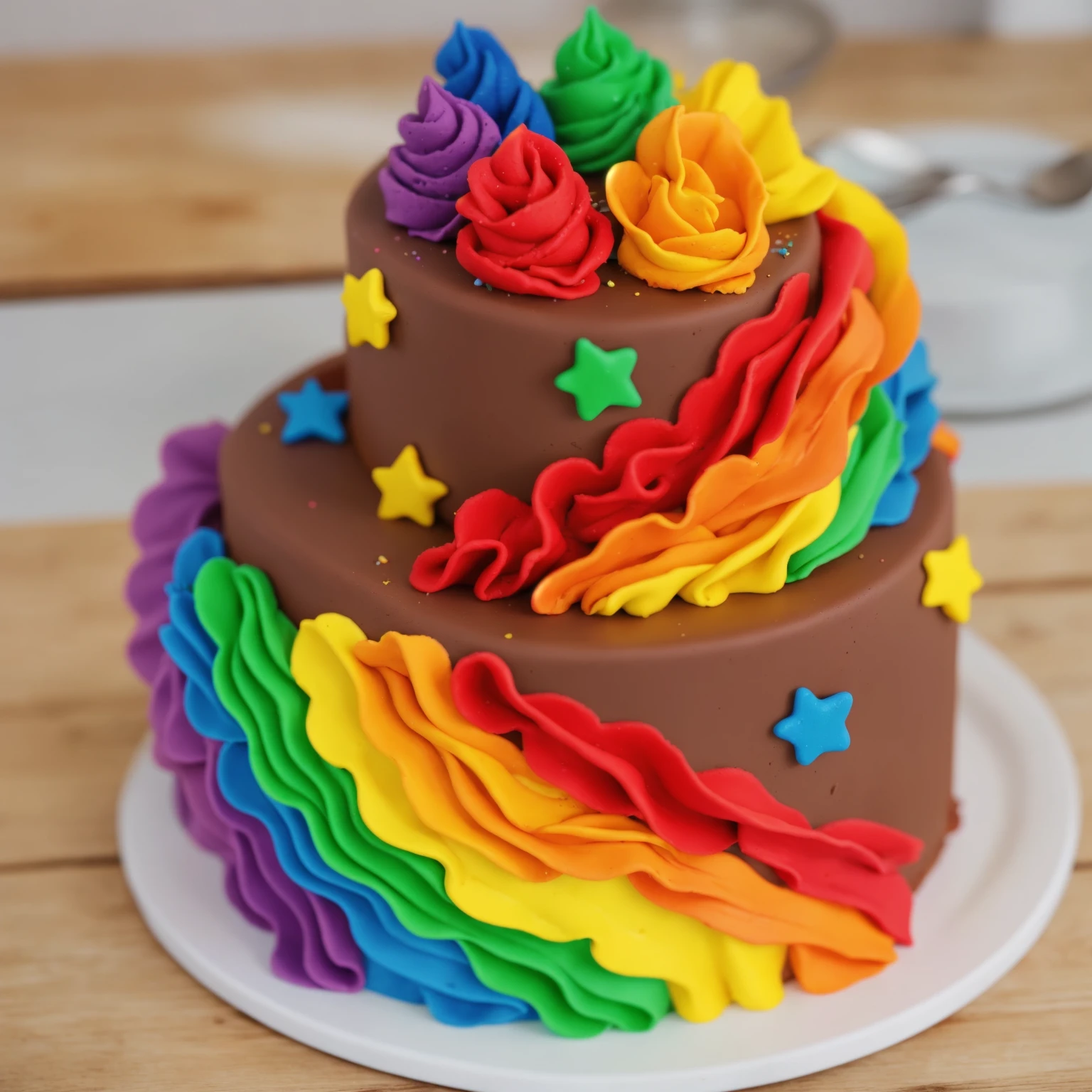 on a wooden table. there is a white plate. two-tier cake, chocolate cream cake, rainbow cream in the form of ruffles, decorated with rainbow stars made of polymer clay, multi-colored cream on top, against the background of the kitchen, Beautiful light from the window, Contour light, several light sources, beautiful lighting, Bright light source, bright lighting, beautiful light sources, Multiple light sources, Realistic style , realistic texture, detailed texture, A high resolution, high quality, beautiful photo of the cake, advertising photo, macro photography