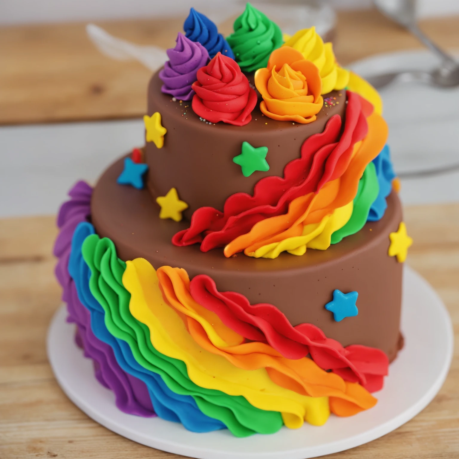 on a wooden table. there is a white plate. two-tier cake, chocolate cream cake, rainbow cream in the form of ruffles, decorated with rainbow stars made of polymer clay, multi-colored cream on top, against the background of the kitchen, Beautiful light from the window, Contour light, several light sources, beautiful lighting, Bright light source, bright lighting, beautiful light sources, Multiple light sources, Realistic style , realistic texture, detailed texture, A high resolution, high quality, beautiful photo of the cake, advertising photo, macro photography