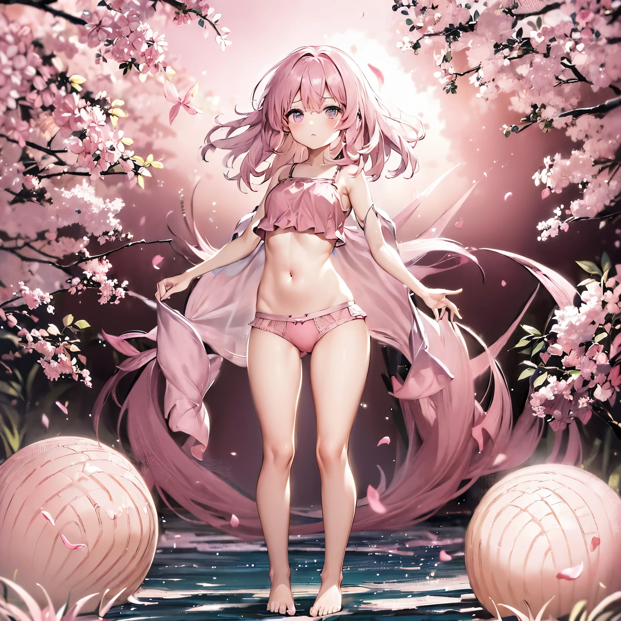 ((((((Pink underwear)))))),Frills,Belly button exposed,Cute little ,Tiny Lori,Small girl,,Childish face, Very fine clean face,Top quality, Big eyes,Straight Hair,Yellow hair,Crimson Eye,(Dark Room), Subtle light, Natural light,Soft lighting,Light from directly behind, (Are standing), Cute pose, Open your hands, Showing the whole body,Front view,Black background