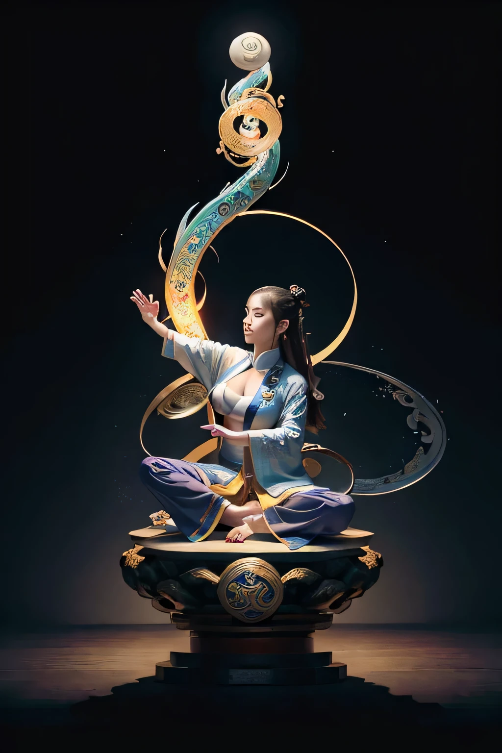 (harmony, balance, yin-yang), Chinese silk painting, Tai Chi principles, fluid motion, interconnected elements, the interplay of contrasting forces, Daoist philosophy, a touch of the I Ching, warm and cool color palette, reflective art, inspired by Laozi, Zhuangzi,  Yin Yang diagrams, Taijitu, the Bagua, the fusion of the spiritual and the physical,1girl,solo, grabbing breasts,, daoist, summon magic,  cinematic lighting,  fire and ice split, bagua background, circular bagua, yi yang, daoist practice, mediation sit, buddha sit,  spiral loong, cloud loong at the top,  