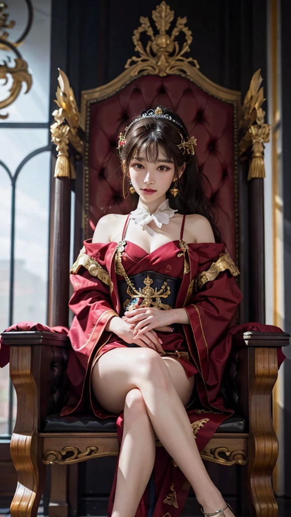The Chinese Empress, wearing a luxurious dragon robe, sits cross-legged on a throne. The head chair has a dragon head sculpture, top-down view, courtiers flanking her left and right, the background is the Throne Hall. ,Highest quality, high resolution, 8k clarity : realistic 3D illustrations.