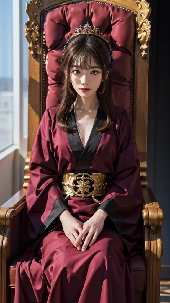 The Chinese Empress, wearing a luxurious dragon robe, sits cross-legged on a throne. The head chair has a dragon head sculpture, top-down view, courtiers flanking her left and right, the background is the Throne Hall. ,Highest quality, high resolution, 8k clarity : realistic 3D illustrations.
