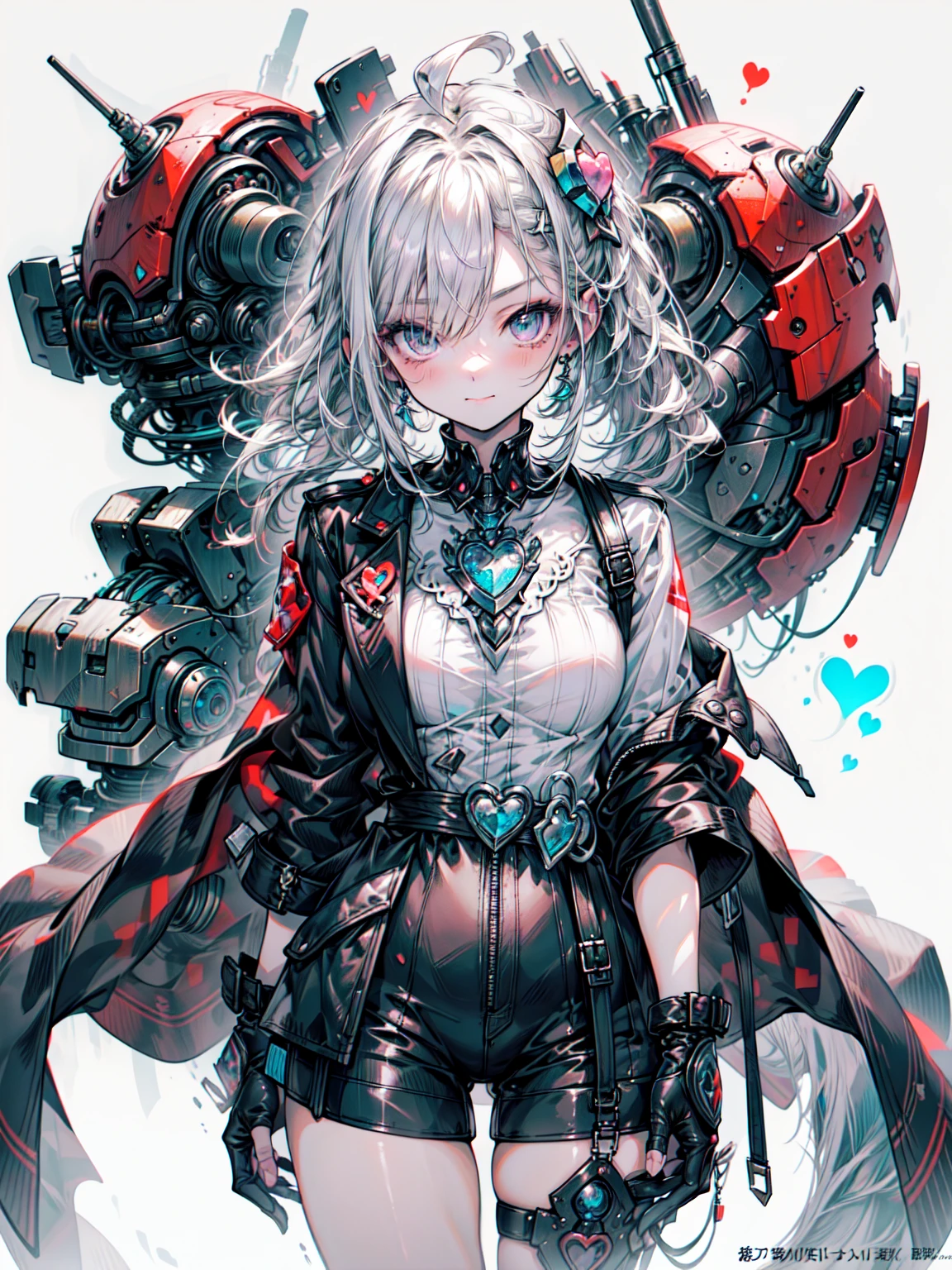 Clean design，wonderfulインスタグラム，Art Station，Cowboy Shot、Splashes of colorful paint，Contour，Extremely elaborate details，Unreal Engine，wonderful，Intricate details，Splash Image，Complementary Color，Fantasy Concept Art，8K resolution，DeviantArt's masterpiece，Oil，strong stroke，Paint dripping，（Isolated on a white background：1.3），Rainbow Skin，(((Beautiful youth))), ((10 generations:1.5)), (Blue eyes shine), ((There is the light in your eyes))，((((Short white hair:1.1))), ((Black Costume)), (Princess\\(Indifferent look\\),, (((Wear a detailed black trench coat，food，internal, She is wearing white short sleeves，Heart motif))), Gray Hair，Organic Armor Cyborg、Machinery Armor、Armor Textures、Blake、（Dark Elf), (1 Girl), alone, Perfect Face, Get used to it, Ahoge, ((Long Hair:1.2)), (Hair above one eye:1.3), [[Messy Hair]], Shiny blonde white hair, Purple eyes, Variegated eyes, Colorful Hair, Shining Eyes, (eyelash, eye shadow, pink eye shadow), bright, smile, Design Art：Haruhiko Mikimoto, by Kawashi, By Yoshitaka Amano