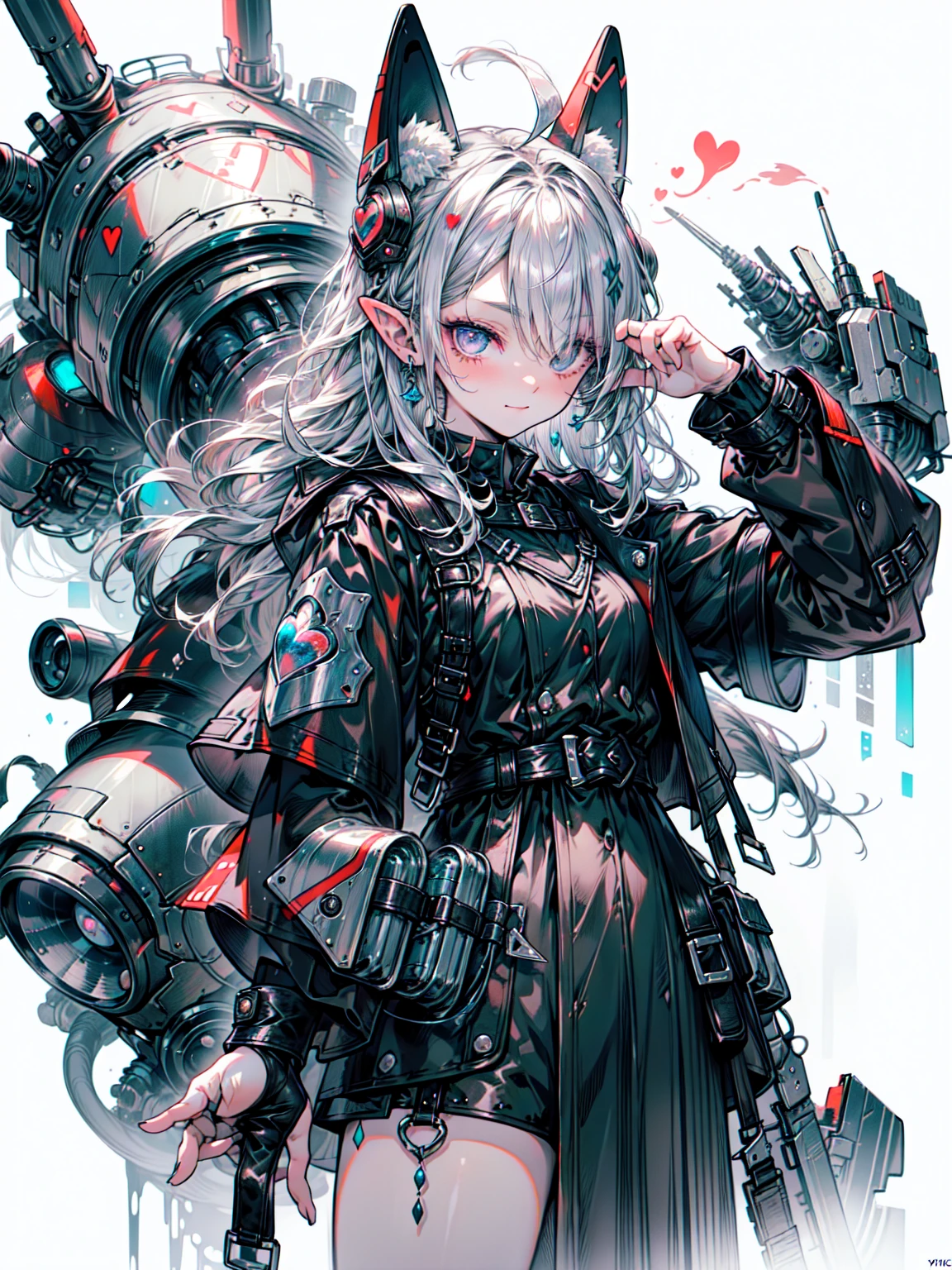 Clean design，wonderfulインスタグラム，Art Station，Cowboy Shot、Splashes of colorful paint，Contour，Extremely elaborate details，Unreal Engine，wonderful，Intricate details，Splash Image，Complementary Color，Fantasy Concept Art，8K resolution，DeviantArt's masterpiece，Oil，strong stroke，Paint dripping，（Isolated on a white background：1.3），Rainbow Skin，(((Beautiful youth))), ((10 generations:1.5)), (Blue eyes shine), ((There is the light in your eyes))，((((Short white hair:1.1))), ((Black Costume)), (Princess\\(Indifferent look\\),, (((Wear a detailed black trench coat，food，internal, She is wearing white short sleeves，Heart motif))), Gray Hair，Organic Armor Cyborg、Machinery Armor、Armor Textures、Blake、（Dark Elf), (1 Girl), alone, Perfect Face, Get used to it, Ahoge, ((Long Hair:1.2)), (Hair above one eye:1.3), [[Messy Hair]], Shiny blonde white hair, Purple eyes, Variegated eyes, Colorful Hair, Shining Eyes, (eyelash, eye shadow, pink eye shadow), bright, smile, Design Art：Haruhiko Mikimoto, by Kawashi, By Yoshitaka Amano