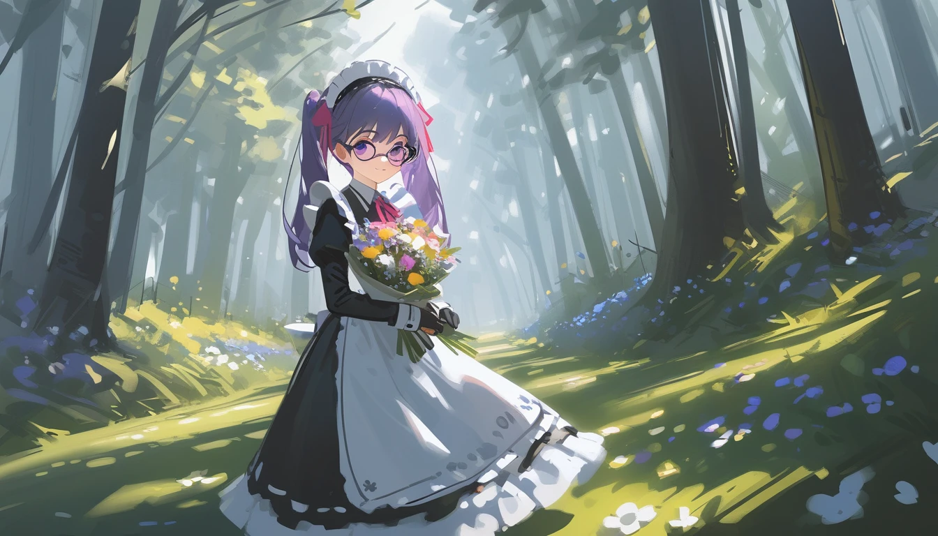 Ciloranko,  wlop, 1girl,  独奏,  flower,  bouquet,  purple eyes,  maid headdress,  looking at viewer,  maid,  apron,  full body, long hair, twintails,  holding,  white background,  long sleeves,  holding bouquet,  dress,  bow,  juliet sleeves,  puffy sleeves,  blush,  Spring Flowering Forest, parted lips,  frills,  ribbon,  two side up,  hair bow,  maid apron one girl, super high quality, Super Detail, Super Detailed image, long hair, looking at viewer, skirt, shirt, hair ornament, violet eyes,black gloves, round glasses, long sleeves,violet hair, round glasses, Flat Chest, smile