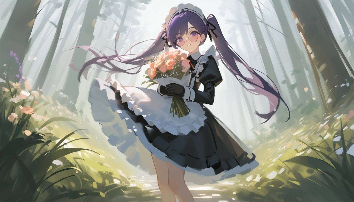 Ciloranko, wlop, 1girl, 独奏, flower, bouquet, purple eyes, maid headdress, looking at viewer, maid, apron, full body, long hair, twintails, holding, white background, long sleeves, holding bouquet, dress, bow, juliet sleeves, puffy sleeves, blush, Spring Flowering Forest, parted lips, frills, ribbon, two side up, hair bow, maid apron one girl, super high quality, Super Detail, Super Detailed image, long hair, looking at viewer, skirt, shirt, hair ornament, violet eyes,black gloves, round glasses, long sleeves,violet hair, round glasses, Flat Chest, smile