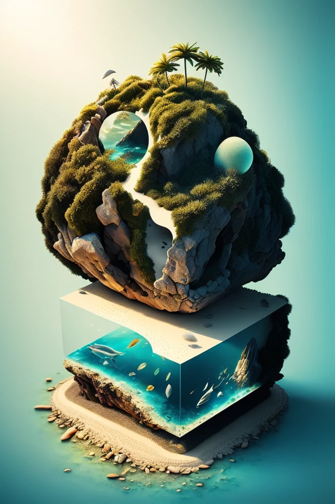 Microworld rendering style, Contains tiny glass cubes, Inside the cube there is (ocean,Beach,Palm tree) , volume, cloud, Energetic, rich and colorful, Very detailed, 4k ultra high definition, 8K, Octane Rendering, central subject,