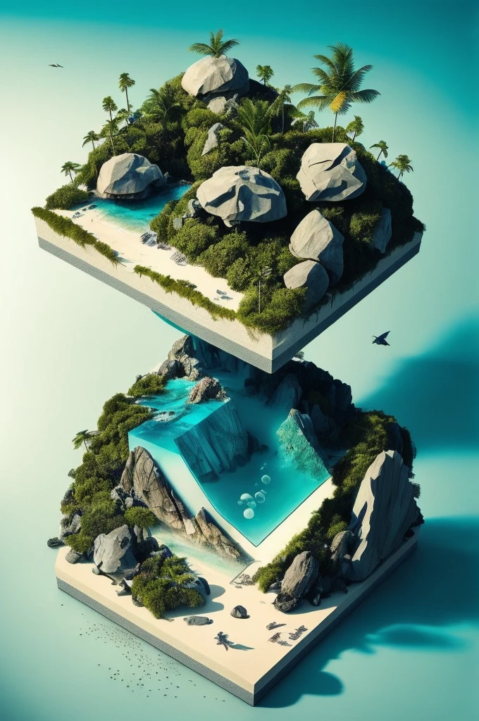 Microworld rendering style, Contains tiny glass cubes, Inside the cube there is (ocean,Beach,Palm tree) , volume, cloud, Energetic, rich and colorful, Very detailed, 4k ultra high definition, 8K, Octane Rendering, central subject,